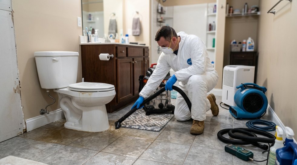 Technician in protective gear vacuuming water from bathroom floor beside an overflowing toilet and drying equipment