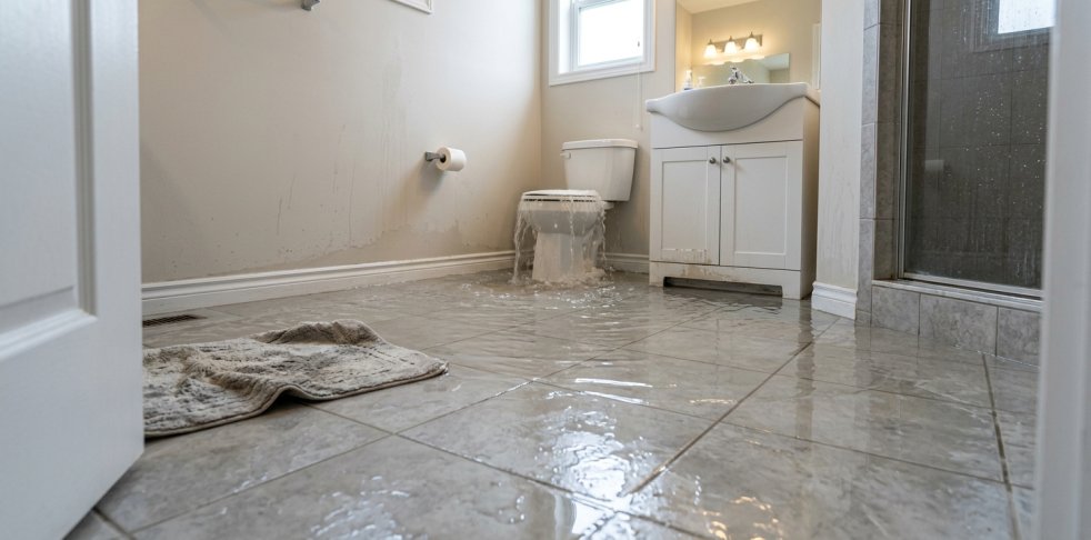 Flooded bathroom with overflowing toilet, water across tile floor, vanity sink, shower, and soaked bath mat