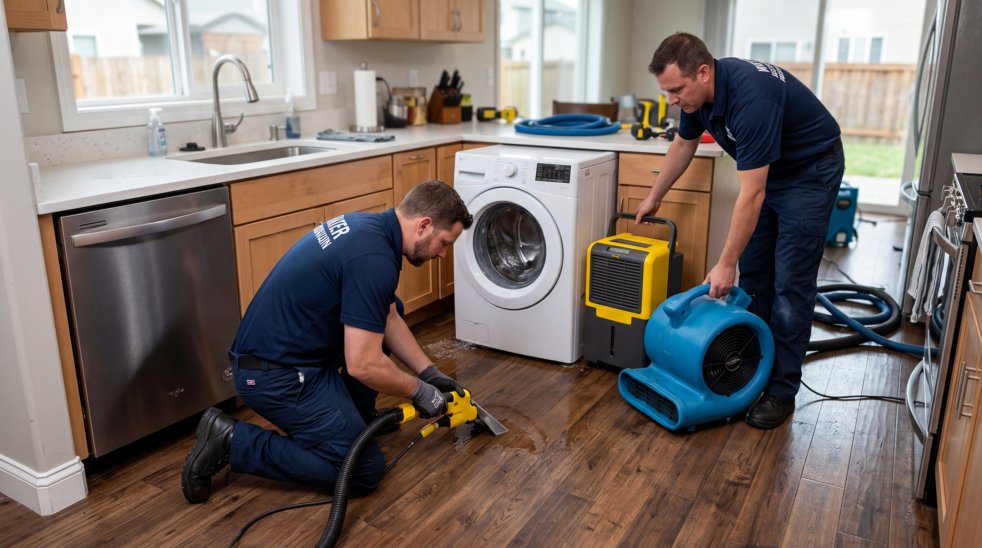 Technicians cleaning water from kitchen floor after washing machine leak with drying and extraction equipment