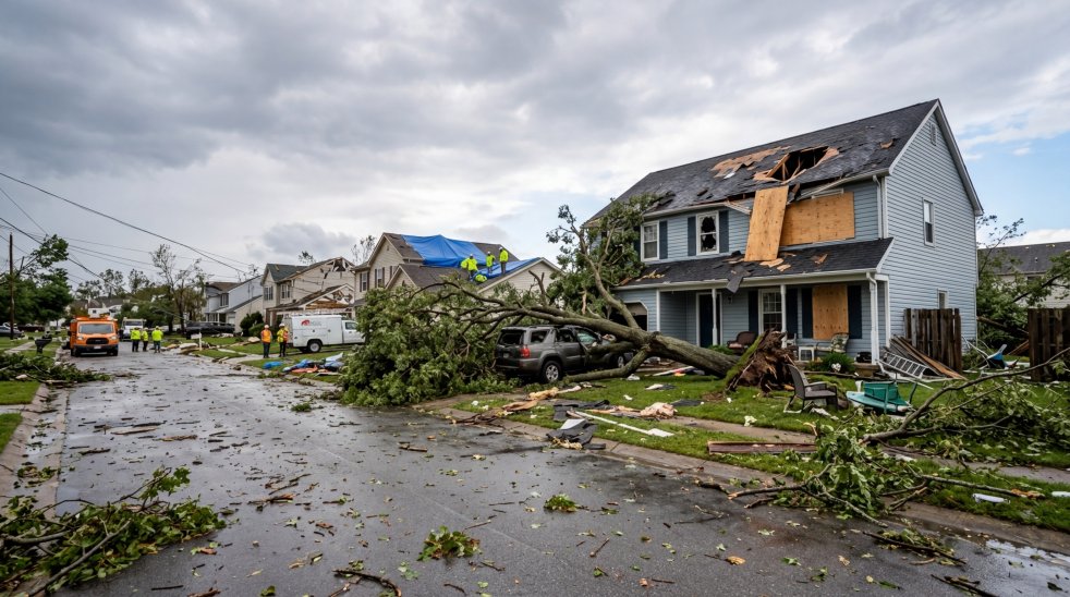Storm-damaged neighborhood with fallen tree on SUV, boarded house, and crews repairing roofs after severe weather